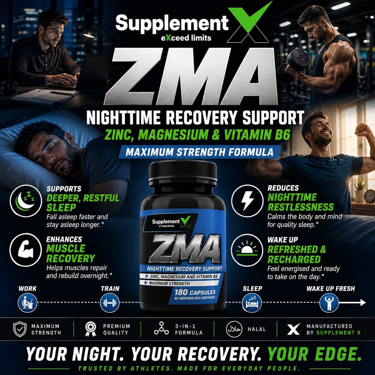 Supplement X ZMA nighttime recovery support, zinc, magnesium and vitamin B6, 180 capsules