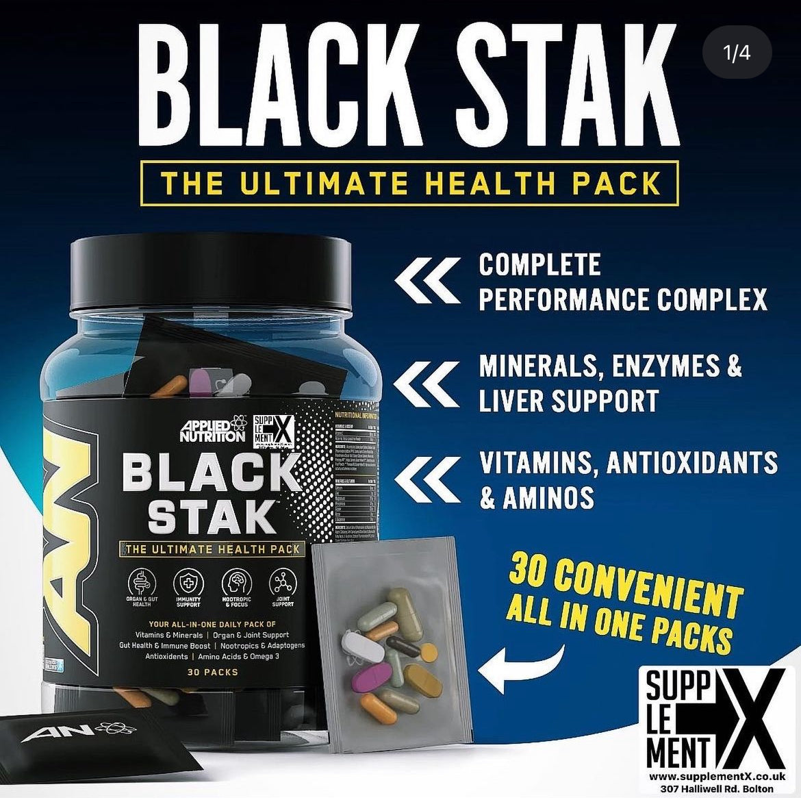 APPLIED NUTRITION BLACK STAK - THE ULTIMATE HEALTH PACK (30 PACKS IN EACH TUB)